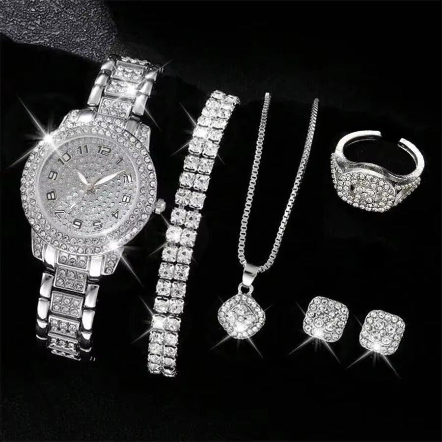 6PCS Women Luxury Quartz Watch Set Elegant Crystal Alloy Wristwatch & Rhinestone Bracelet Gift Set for Ladies UAE