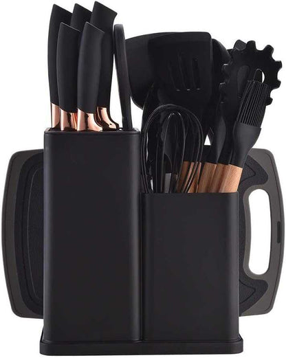 19-Piece Premium Kitchen Set — Knives, Silicone Utensils & Storage Block | Matte Grey & Rose Gold