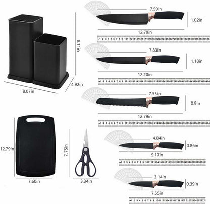 19-Piece Premium Kitchen Set — Knives, Silicone Utensils & Storage Block | Matte Grey & Rose Gold