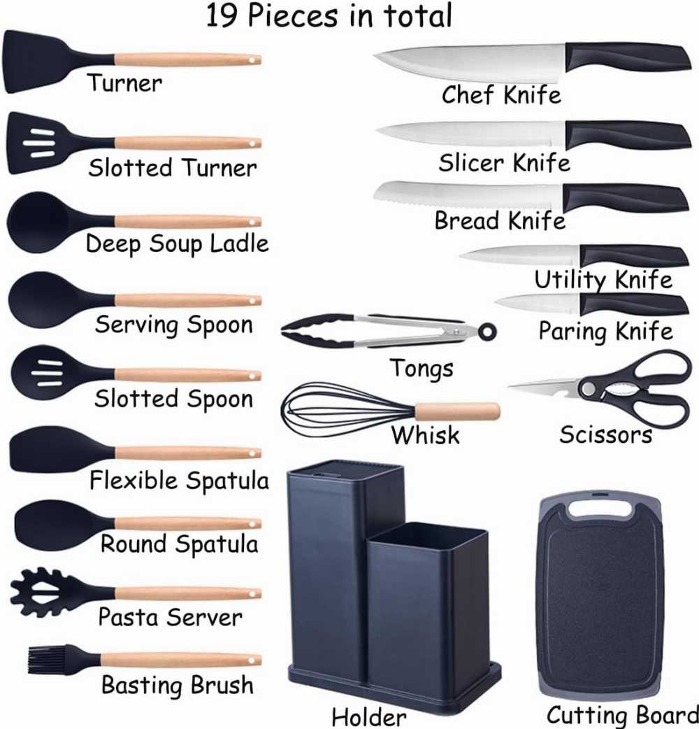 19-Piece Premium Kitchen Set — Knives, Silicone Utensils & Storage Block | Matte Grey & Rose Gold