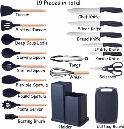 19-Piece Premium Kitchen Set — Knives, Silicone Utensils & Storage Block | Matte Grey & Rose Gold