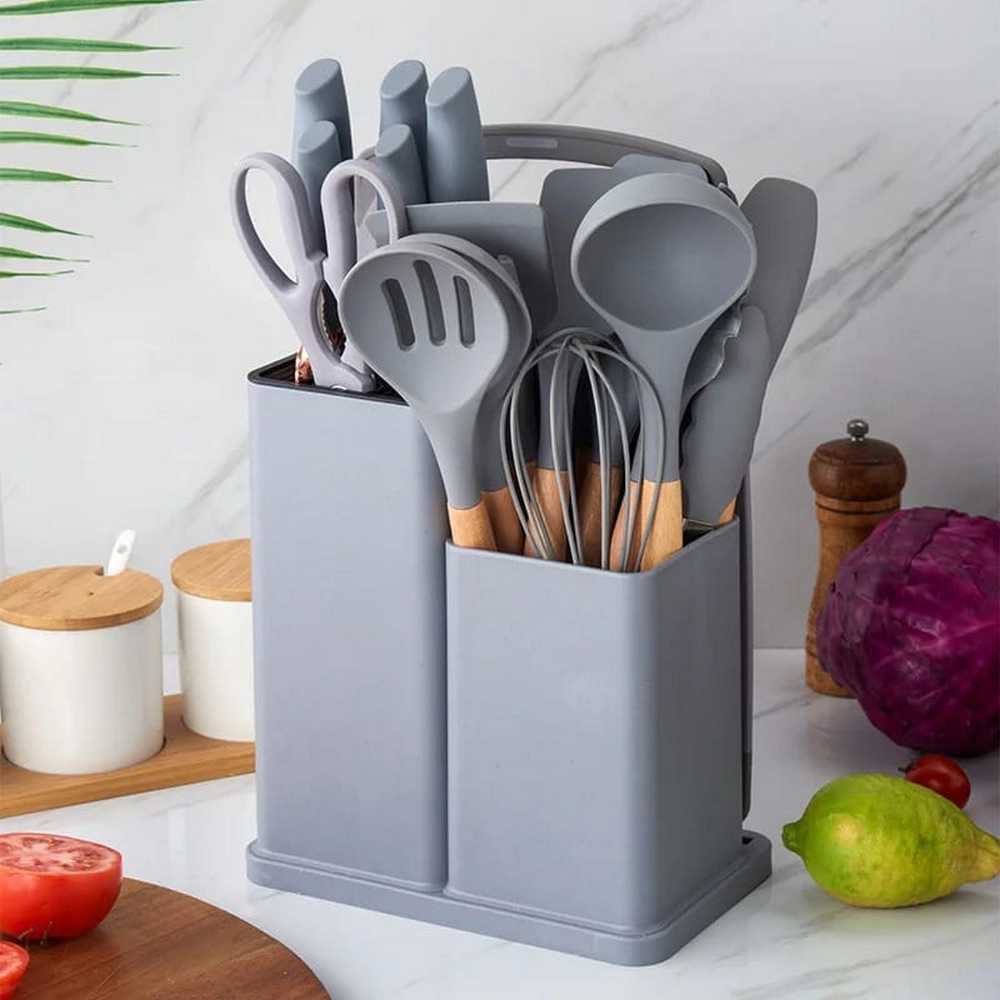 19-Piece Premium Kitchen Set — Knives, Silicone Utensils & Storage Block | Matte Grey & Rose Gold