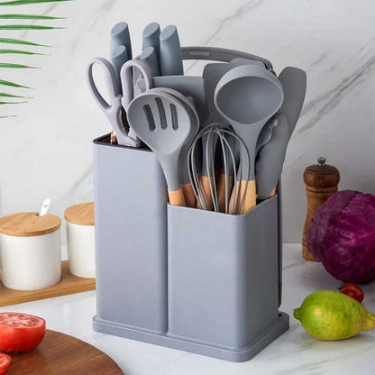 19-Piece Premium Kitchen Set — Knives, Silicone Utensils & Storage Block | Matte Grey & Rose Gold