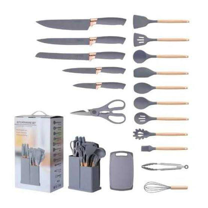 19-Piece Premium Kitchen Set — Knives, Silicone Utensils & Storage Block | Matte Grey & Rose Gold