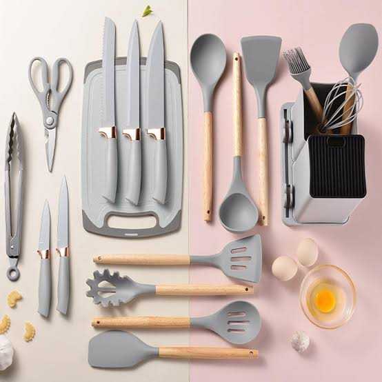 19-Piece Premium Kitchen Set — Knives, Silicone Utensils & Storage Block | Matte Grey & Rose Gold