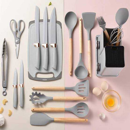 19-Piece Premium Kitchen Set — Knives, Silicone Utensils & Storage Block | Matte Grey & Rose Gold