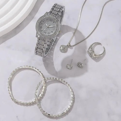 6PCS Women Luxury Quartz Watch Set Elegant Crystal Alloy Wristwatch & Rhinestone Bracelet Gift Set for Ladies UAE