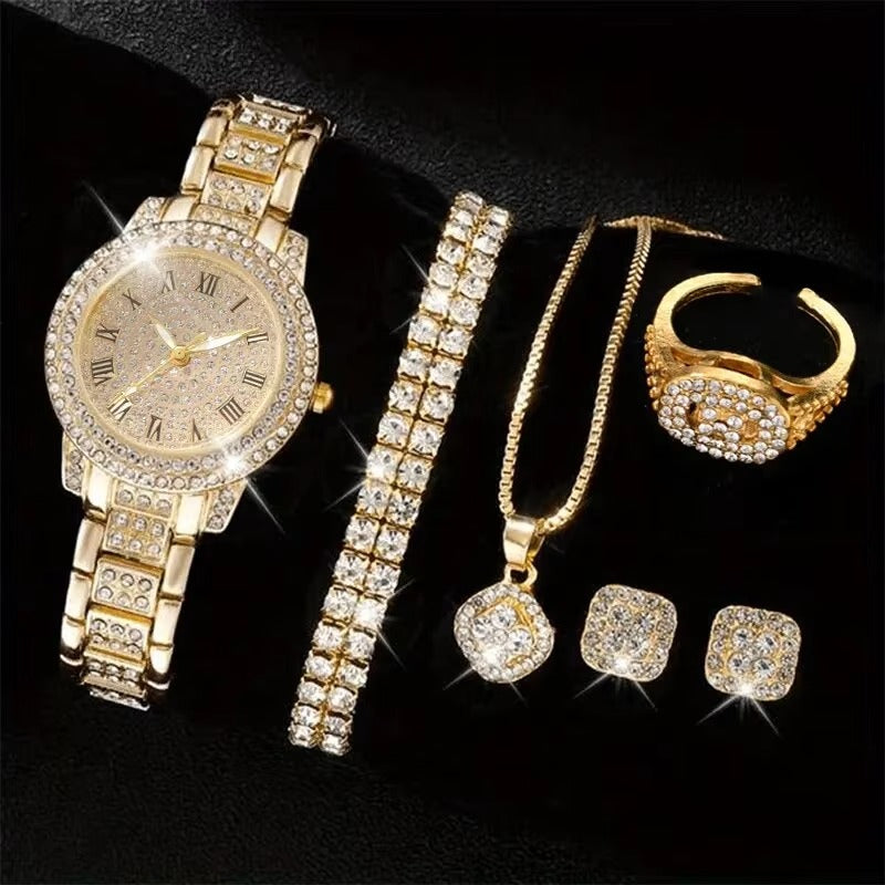 6PCS Women Luxury Quartz Watch Set Elegant Crystal Alloy Wristwatch & Rhinestone Bracelet Gift Set for Ladies UAE