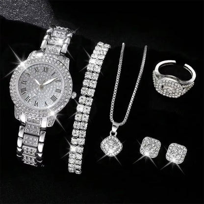 6PCS Women Luxury Quartz Watch Set Elegant Crystal Alloy Wristwatch & Rhinestone Bracelet Gift Set for Ladies UAE