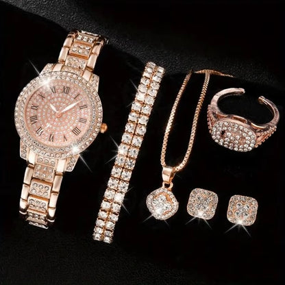 6PCS Women Luxury Quartz Watch Set Elegant Crystal Alloy Wristwatch & Rhinestone Bracelet Gift Set for Ladies UAE