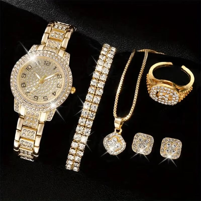 6PCS Women Luxury Quartz Watch Set Elegant Crystal Alloy Wristwatch & Rhinestone Bracelet Gift Set for Ladies UAE