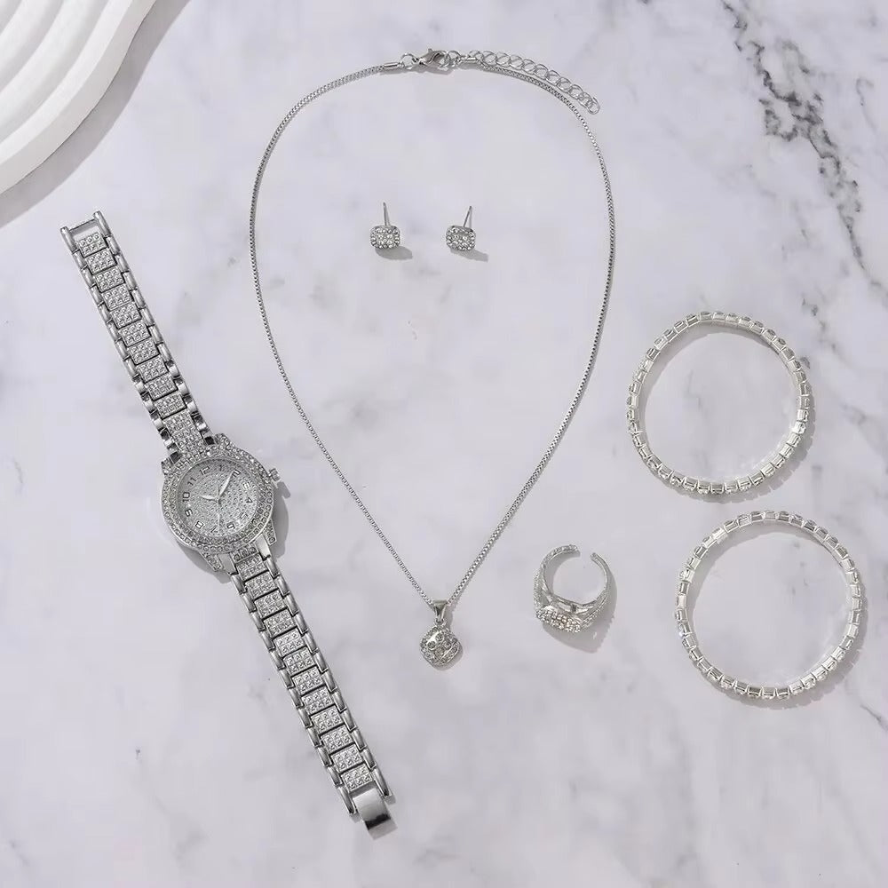 6PCS Women Luxury Quartz Watch Set Elegant Crystal Alloy Wristwatch & Rhinestone Bracelet Gift Set for Ladies UAE