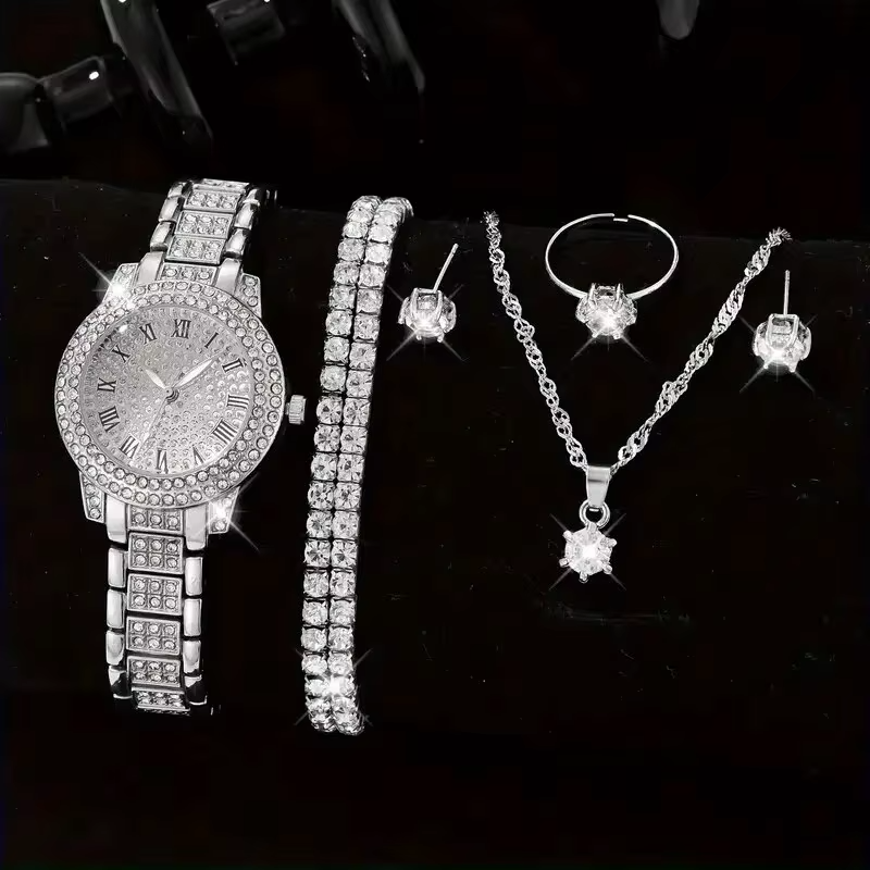 6PCS Women Luxury Quartz Watch Set Elegant Crystal Alloy Wristwatch & Rhinestone Bracelet Gift Set for Ladies UAE