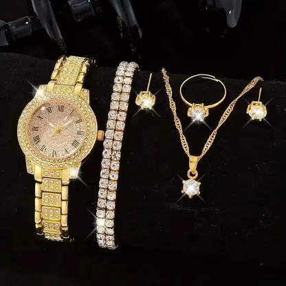 6PCS Women Luxury Quartz Watch Set Elegant Crystal Alloy Wristwatch & Rhinestone Bracelet Gift Set for Ladies UAE