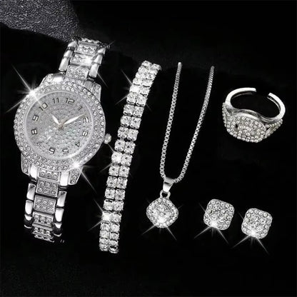 6PCS Women Luxury Quartz Watch Set Elegant Crystal Alloy Wristwatch & Rhinestone Bracelet Gift Set for Ladies UAE