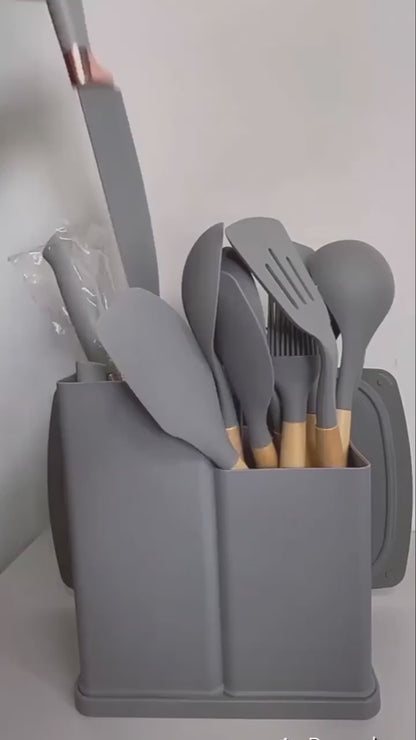 19-Piece Premium Kitchen Set — Knives, Silicone Utensils & Storage Block | Matte Grey & Rose Gold
